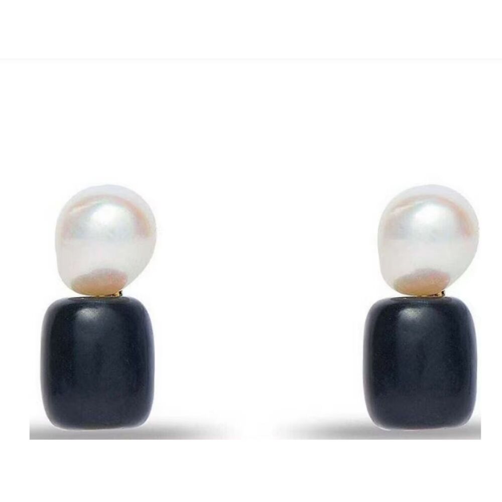 Lele Sadoughi Earrings Black Stone Faux Freshwater Pearl 14k Gold Plated Studs